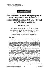 Stimulation of group II phospholipase A2 mRNA expression and release in an immortalized astrocyte cell line (DITNC) by LPS, TNFα, and IL-1β